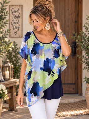 IZ Byer XL Watercolor Floral Asymmetrical Overlay Tunic Blouse Blue Green